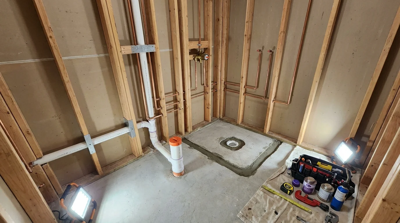 Bathroom rough-in plumbing during remodel by Johns Plumbing LLC in Flushing