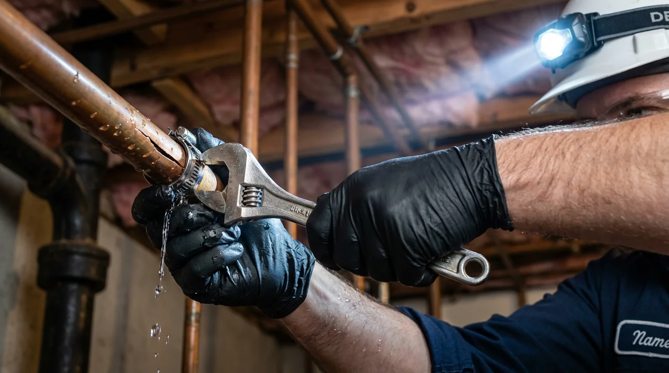 Emergency pipe clamp repair being performed by a Johns Plumbing LLC plumber in Flushing