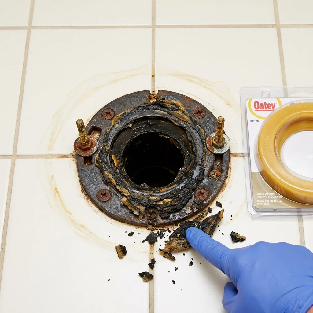 Failed wax ring showing water seepage at the base of a toilet in a Flushing, MI home
