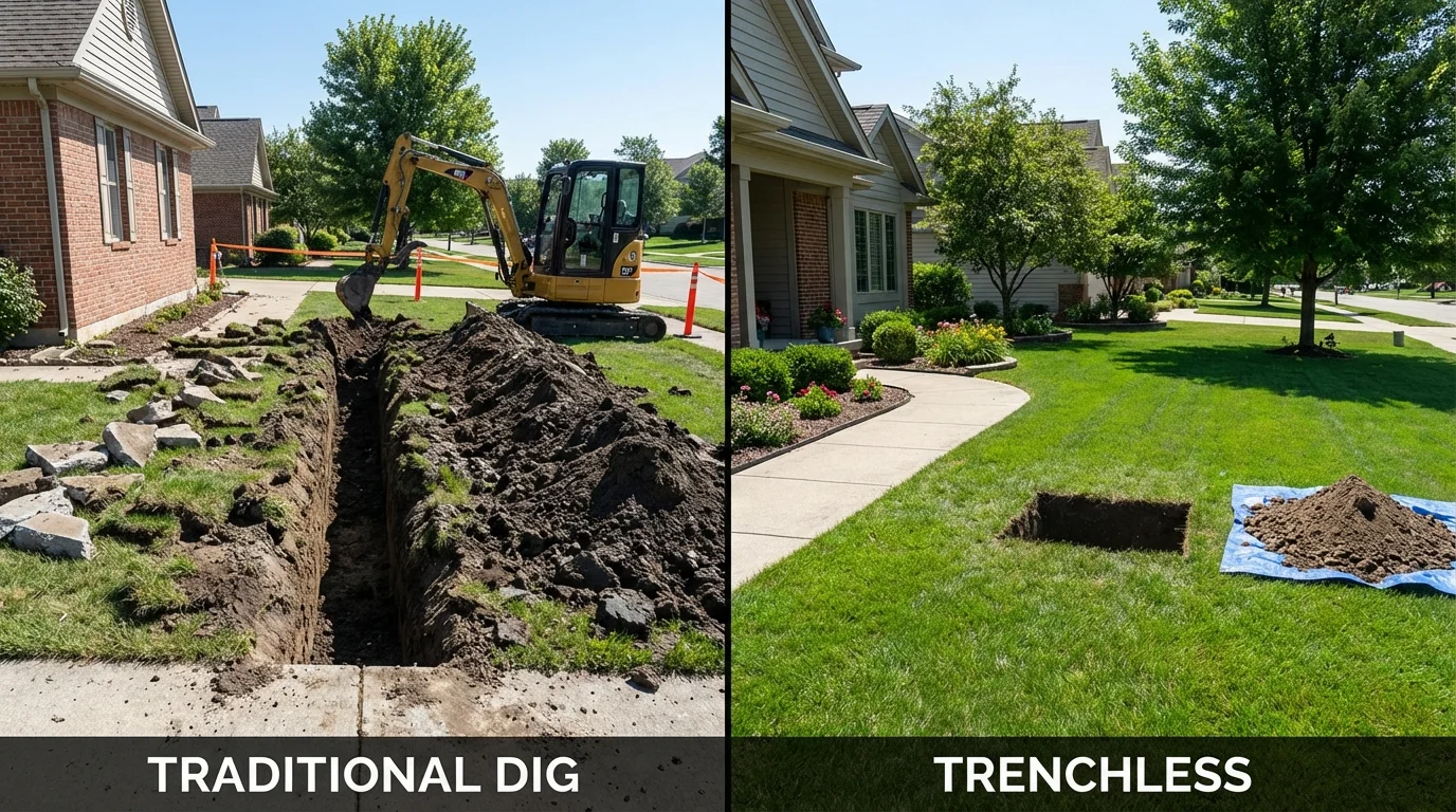 Trenchless sewer repair with minimal yard damage versus traditional excavation in Flushing, MI
