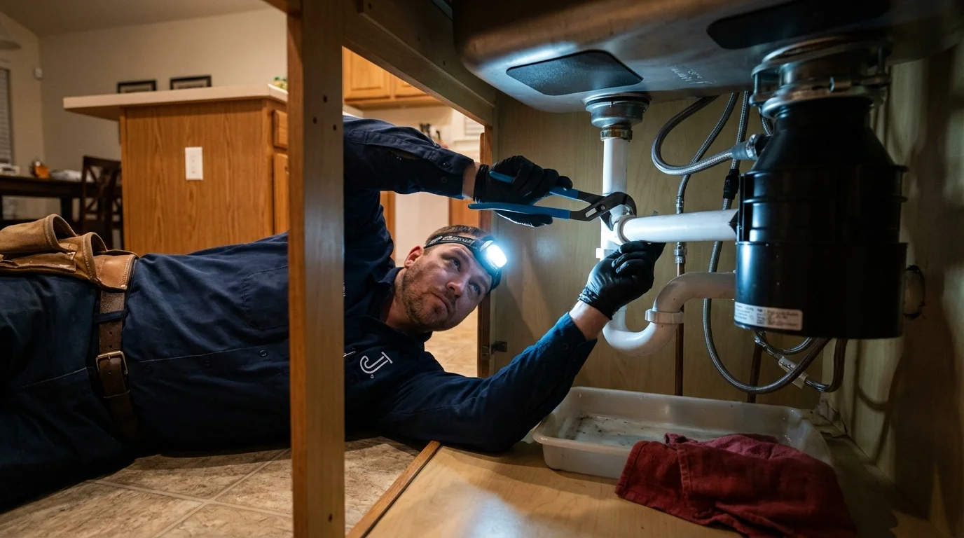 P-trap and supply line connections under a kitchen sink showing a common leak point in Flushing, MI